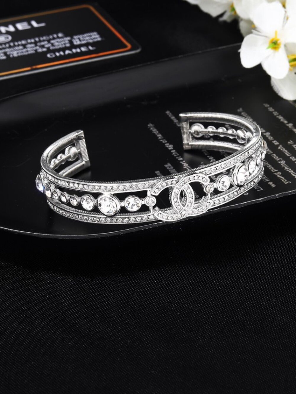 Chanel Silver Open Cuff with Sparkling Crystals & Iconic CC